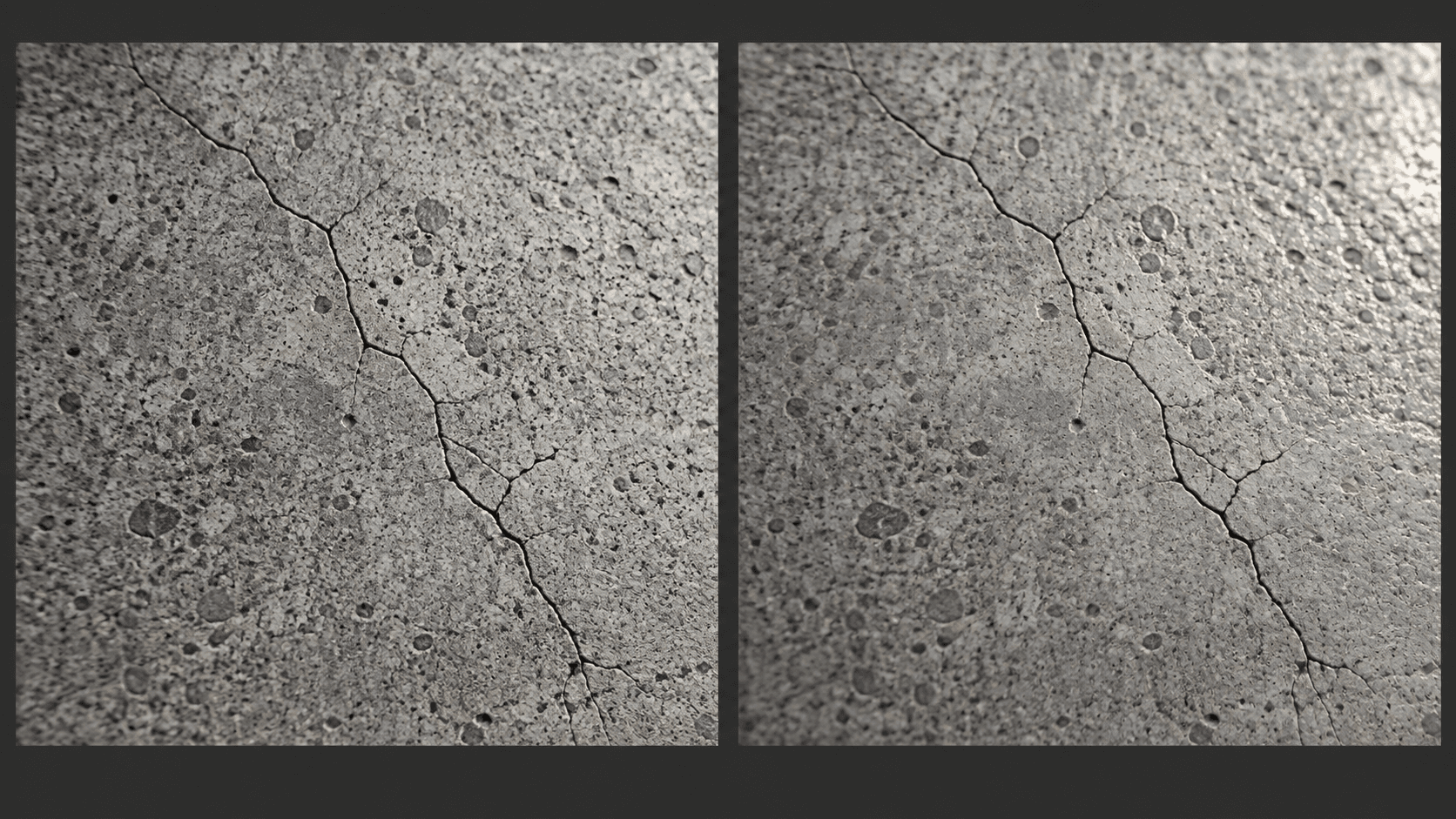 Illustrative generated image showing the same branching concrete crack in two close-up observations.